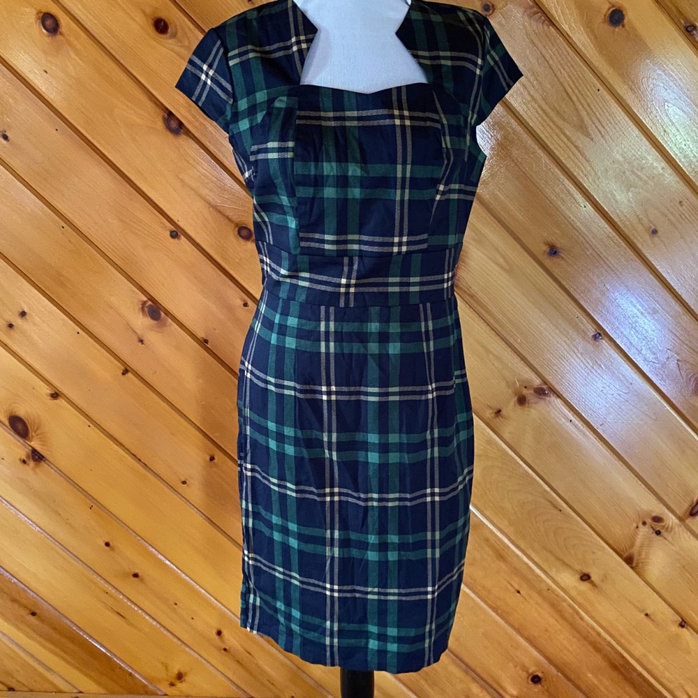 Grace Karin Navy Green Plaid Sheath Dress Cap Sleeve Square Neck Size M New